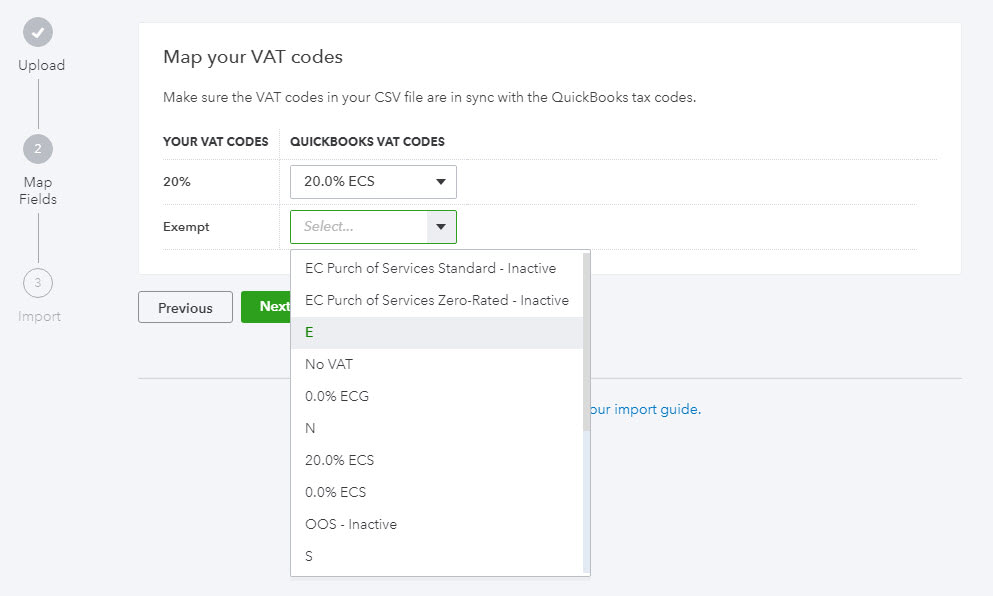 Excel to QuickBooks - Mapping the VAT codes Window